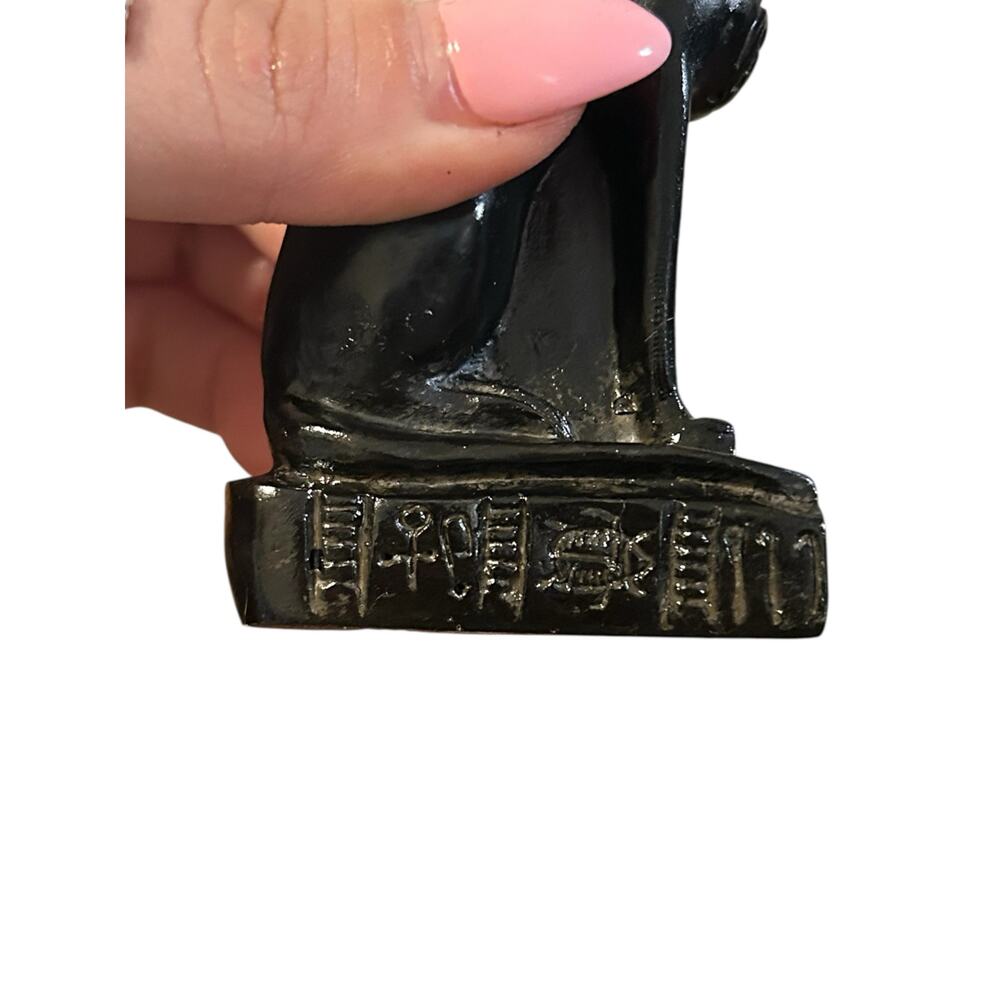 Pair Egyptian Bastet Cat Goddess Statues w/ Scarab Medallion Hieroglyph Base - Picture 6 of 7